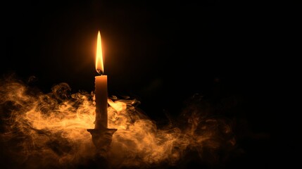 A candle is lit in a dark room with smoke and steam