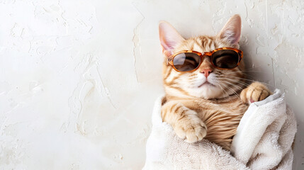 Ginger cat with glasses enjoys a spa in a grooming salon