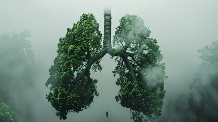 Fototapeta premium Poumons formés par des arbres dans une forêt brumeuse avec silhouette humaine