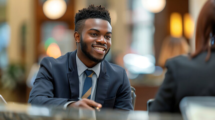 Fototapeta premium African American male bank employee in a clean suit, warmly assisting a customer at a bank counter.