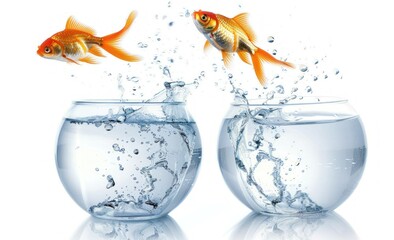 Vibrant Goldfish Leaping Between Two Bowls in a Dynamic Escape Scene - Creative Capture Generative AI