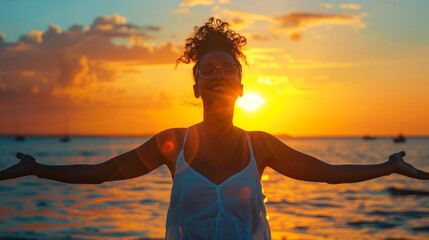 Woman Embracing Sunset on a Tropical Beach