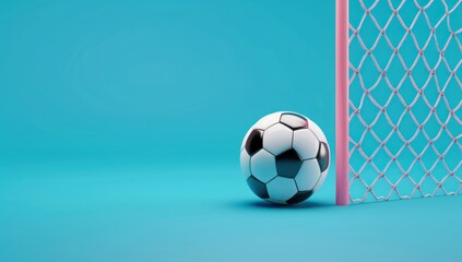 Naklejka premium Minimalist Soccer Scene: Ball at Rest in Goal on a Stark Blue Field, Generative AI