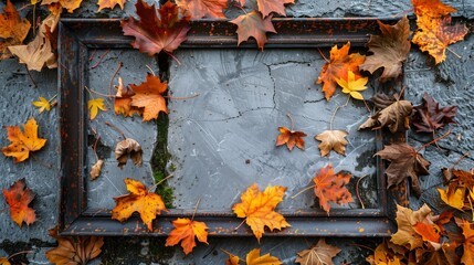 Rustic Picture Frame Surrounded By Autumn Leaves On A Stone Wall