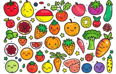 Colorful Array of Hand-Drawn Fruits and Vegetables in a Vibrant Illustration Style Generative AI