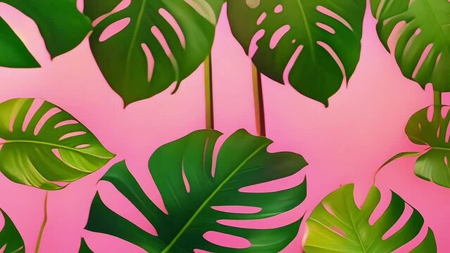 Nature theme with vibrant tropical leaves and neon light square in a creative fluorescent color layout Flatlay with copy space