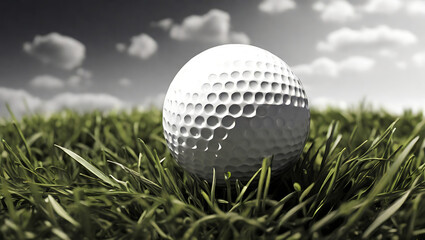 Closeup Detailed illustration in Black and White of a Golf Ball in Grassy Field, with copy space

