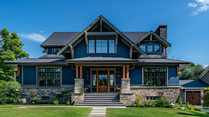 Modern luxury home nestled in lush green landscape generated by artificial intelligence,A large gray craftsman new construction house,classic craftsman style house with wrap-around porch

