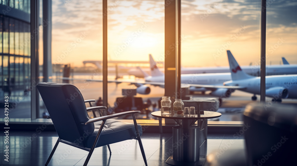 Wall mural Airport lounge with airplane blur background, Photo shoot, Natural light day