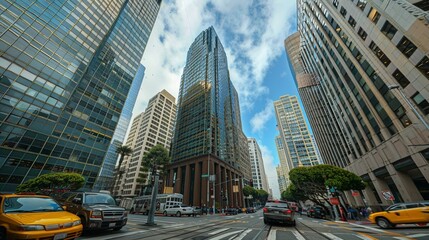 A photo of a metropolitan business district taken from a low angle, looking up. Glass skyscrapers of the business center in a large city during summer.






