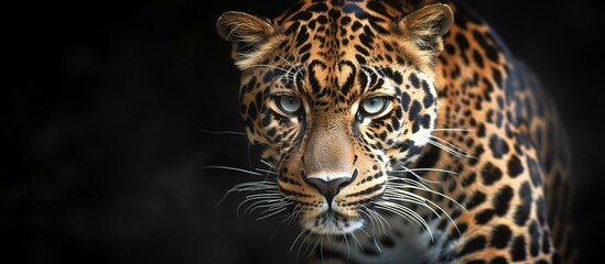 Naklejka premium Close-up of a beautiful leopard, solid black background, copy space.