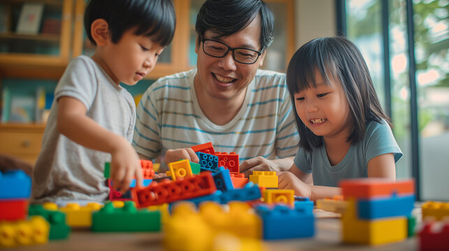 Father and children playing colorful bricks in the house, Happy Father Day, Photo shot, Natural light day