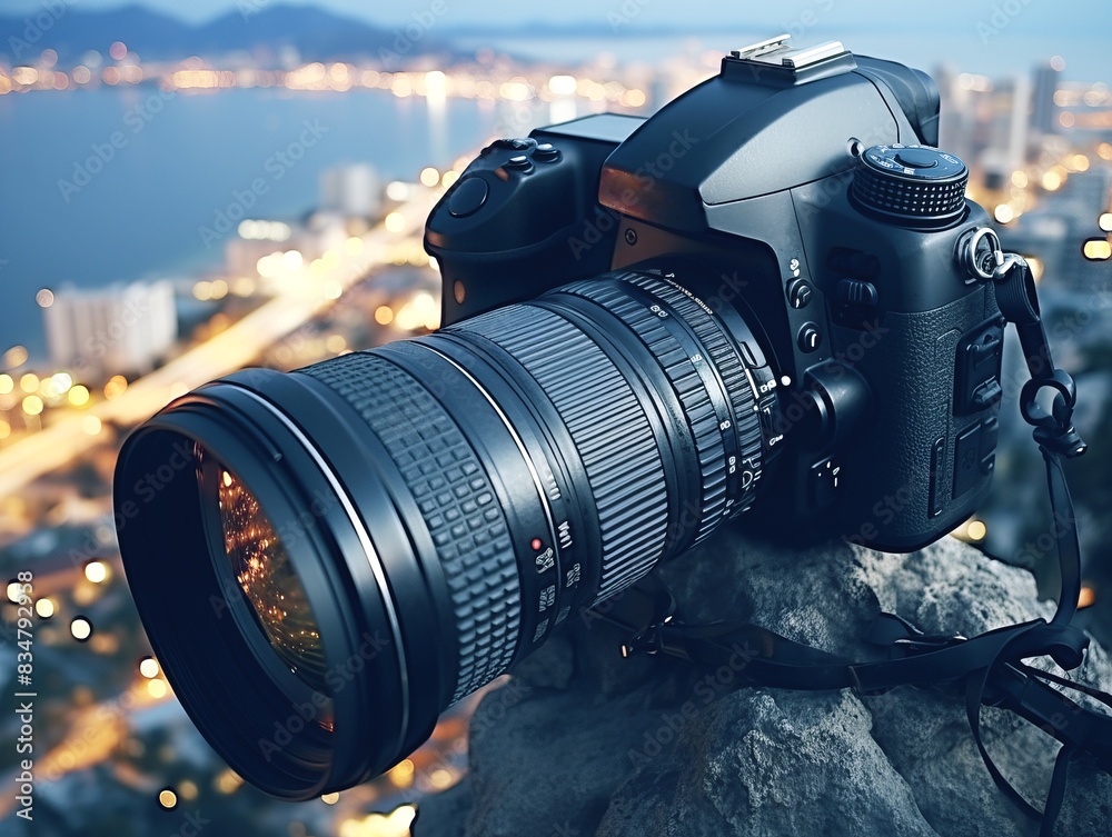 Poster professional camera with a zoom lens on blurred cityscape backdrop, capturing the concept of photogr