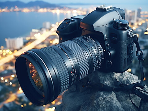 Professional camera with a zoom lens on blurred cityscape backdrop, capturing the concept of photography. Generative AI