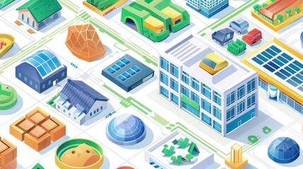 : A set of colorful vector icons depicting eco-friendly building elements like clay bricks, solar shingles, and water-efficient fixtures, displayed over a blueprint of a green-certified shopping mall.
