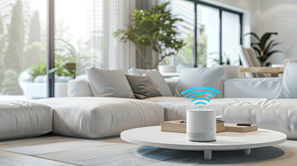 Fototapeta premium router wifi device in the center of modern white living room