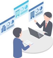 Fototapeta premium 複数の企業の情報を見ながら打ち合わせをしている2人のスーツの男性