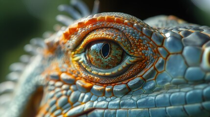 Naklejka premium Extreme close-up of a beautiful and impressive iguana eye, copy space.