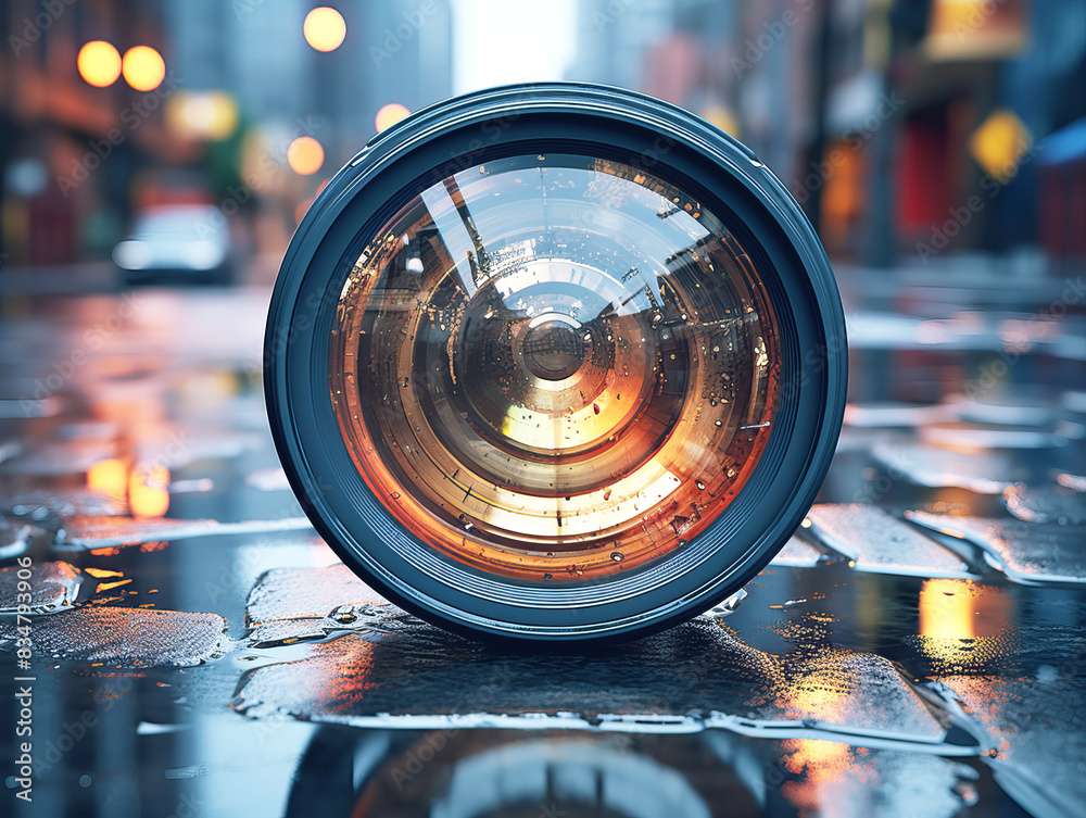 Wall mural a camera lens on a wet urban street, realistic style, blurry city lights in the background, concept 