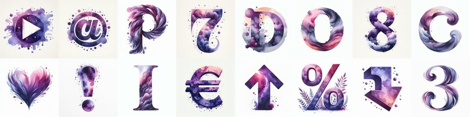 Violet watercolor Lettering Typeface. AI generated illustration