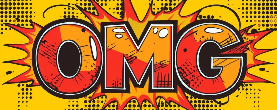 Comic book style 'OMG' text with bold colors and explosive effects