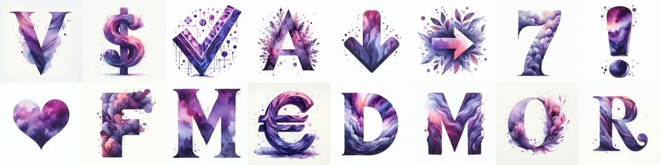 Violet watercolor Lettering Typeface. AI generated illustration