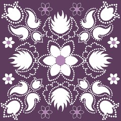 This floral ethnic  pattern captures the essence of snow with its soft white hues, beautifully contrasted against a rich purple ethnic background. Designed for the textile industry, it offers ethnic 