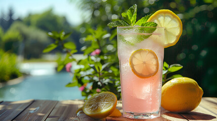 Lemonade with ice and fresh lemon with mint on wooden background. horizontal view. copy space. refreshing summer drink