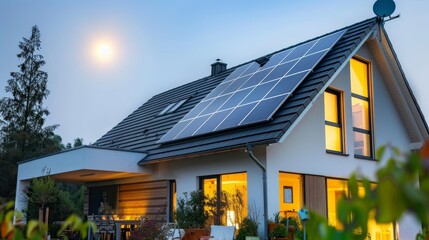 Modern house with solar panels on roof, illuminated at dusk