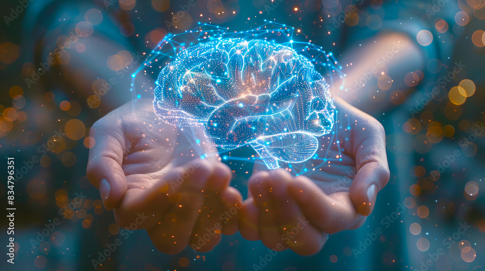 Poster Hands holding a holographic brain, illuminated dots and lines on a defocused light background, concept of technology and mind. Generative AI
