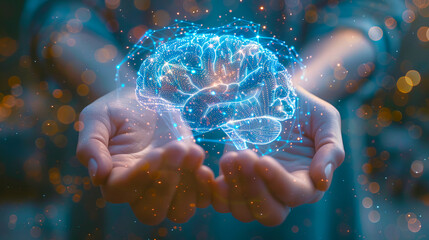 Hands holding a holographic brain, illuminated dots and lines on a defocused light background, concept of technology and mind. Generative AI