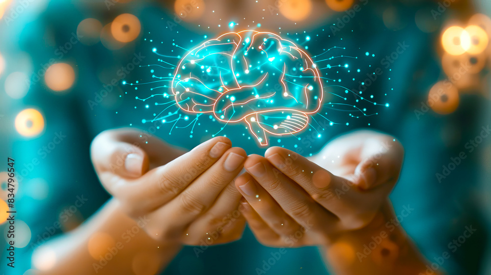 Poster hands presenting a glowing brain concept on a bokeh background, highlighting creativity and innovati