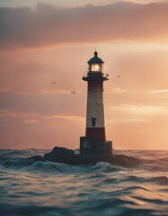 lighthouse in the middle of the sea, sunset colors and little wavy sea
