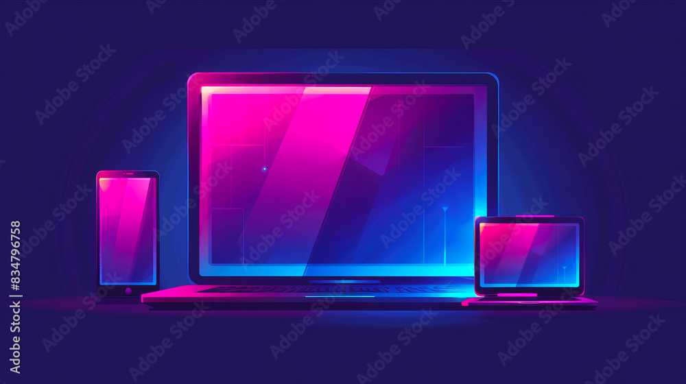 Aufkleber glowing electronic devices on a dark background, showcasing a neon color scheme, illustrating a conc