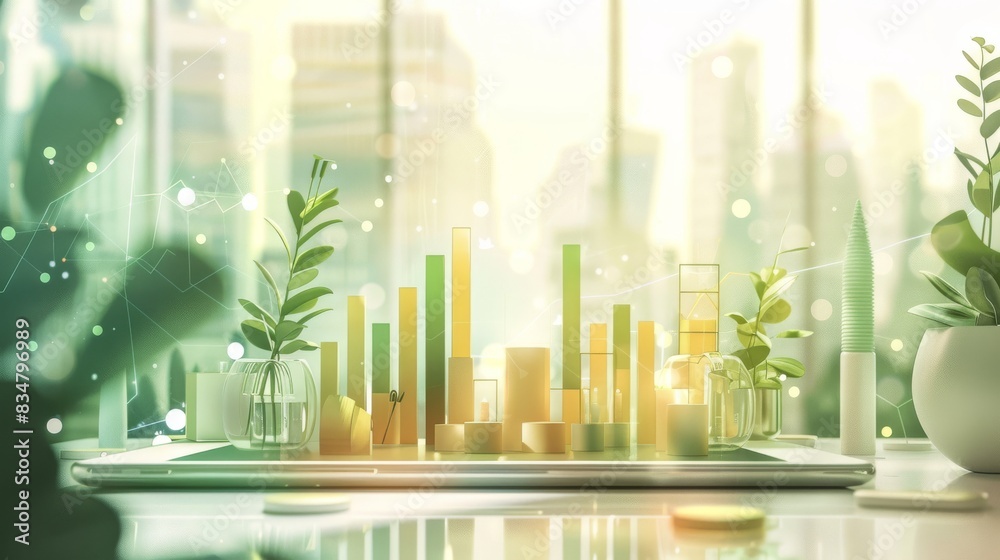 Poster a tablet displaying financial bar graphs in a bright office environment, surrounded by plants and mo