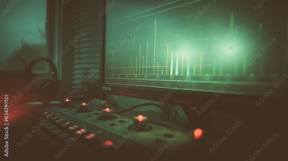 Poster A computer screen displaying a data analysis chart with green lighting, accompanied by audio equipment in a dimly lit room.
