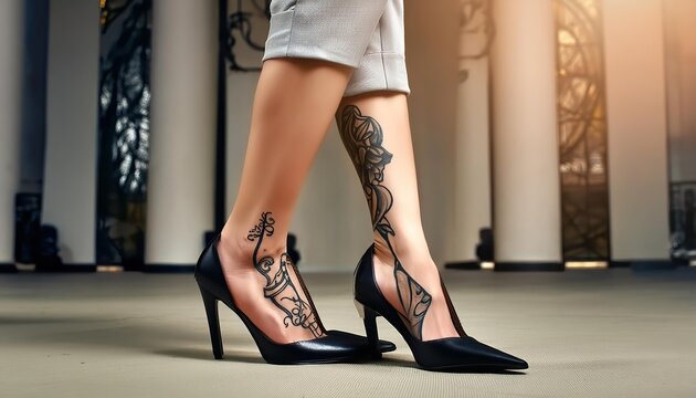 Tattoos an den langen Beinen einer Frau die elegante Schuhe tr&auml;g