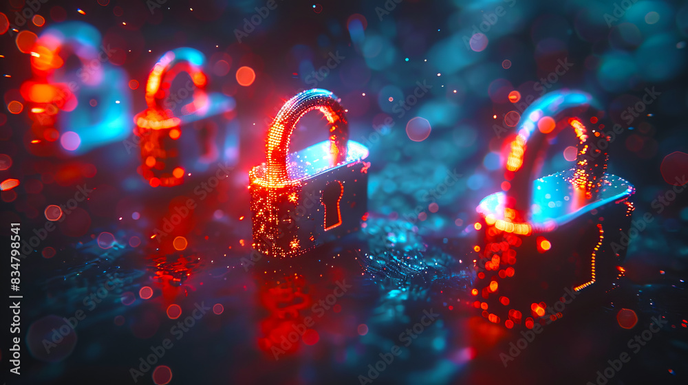 Poster glowing digital locks on a dark, bokeh effect background, symbolizing cybersecurity concept. generat