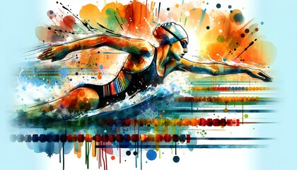 watercolor image of a female swimmer competing in swimming.