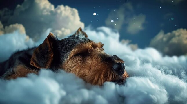 Sweet dog peacefully sleeping on a cloudy landscape. Tranquility in nature's embrace.
 Seamless looping 4k time-lapse virtual video animation background. Generated AI