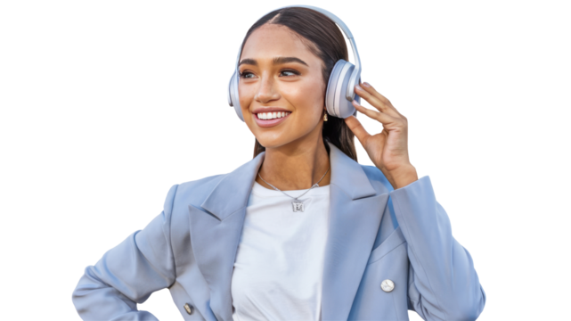 Headphones, smile and businesswoman streaming music or thinking of podcast isolated on png transparent background. Happy, relax and entrepreneur listen to radio or audio sound with playlist for break