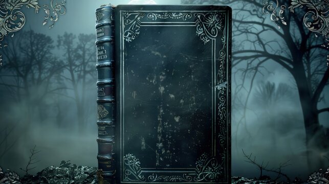 A dark book cover featuring an ancient, weathered tome, bound in leather, set against a backdrop of a foggy, moonlit forest. Intricate silver filigree frames the title in a gothic font.