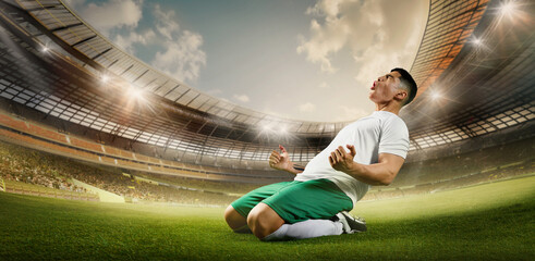 Cinematic shot captures victory. Professional football player on sport football arena celebrating goal at 3D model sport stadium arena. Concept of professional sport, championship, tournament. Ad © Lustre Art Group 