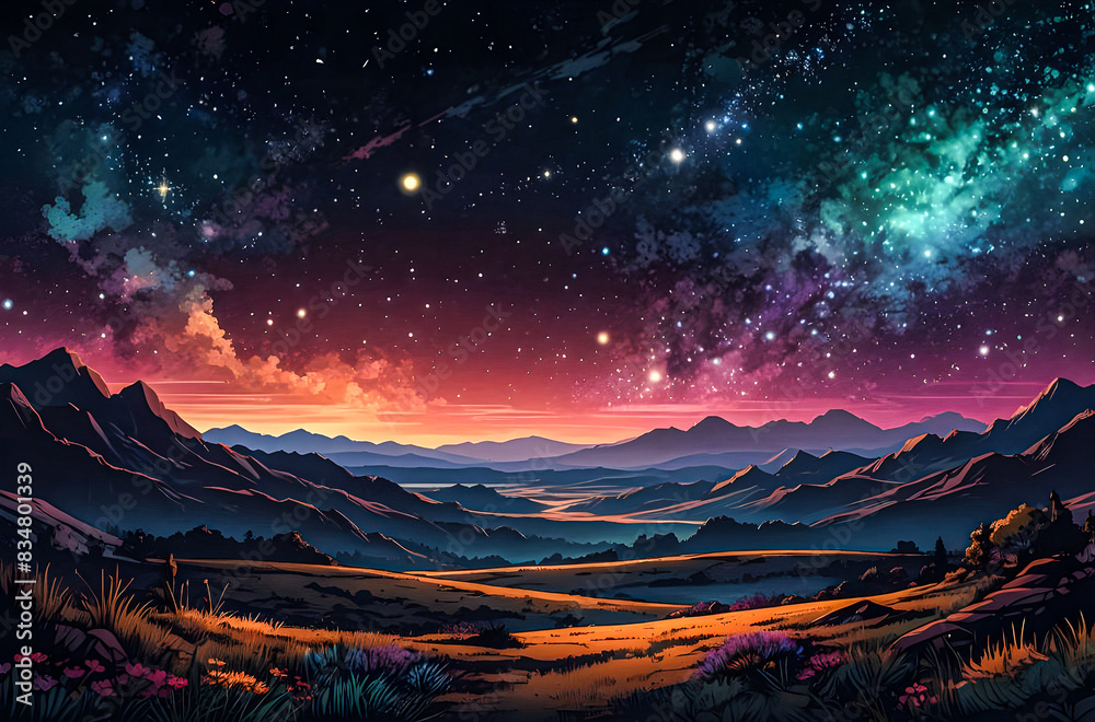 Wall mural a night sky filled with twinkling stars, distant galaxies, and colorful nebulae vector art illustrat