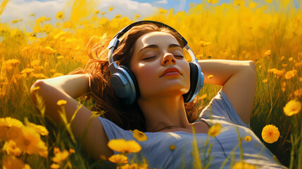 A beautiful girl in headphones lies on the grass among flowers, resting her head in her hands, peaceful, listening to music, close-up portrait