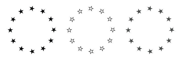  Star in circle icon set. Frame from stars isolated on white background. Abstract decorative pattern. Circle with black star icon. Vector Illustration .