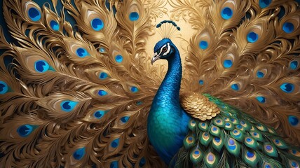 3d mural peacock illustration background with golden jewelry and flowers