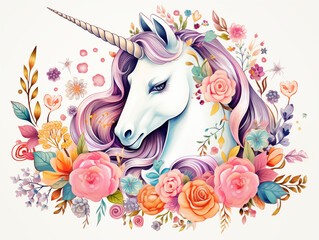 unicorn in flower garden , vintage classic watercolor style illustration artwork isolated on white background