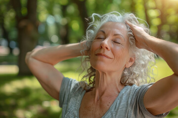 Old people and wellness. Senior woman practices deep breathing in the park on a sunny day