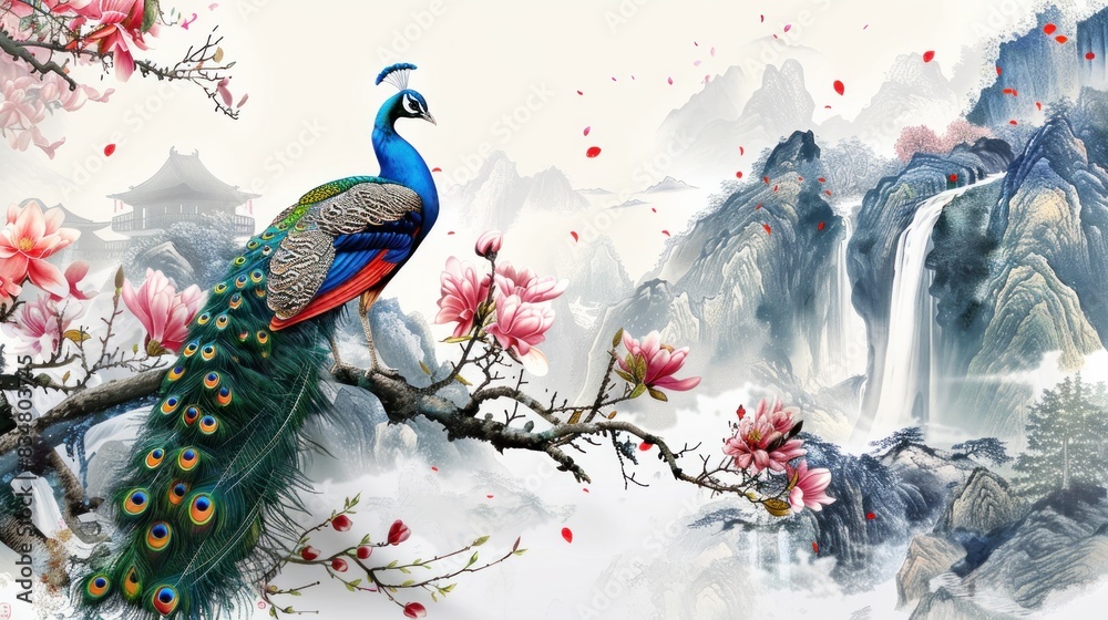 Wall mural 3D peacock sitting on a magnolia tree branch wallpaper